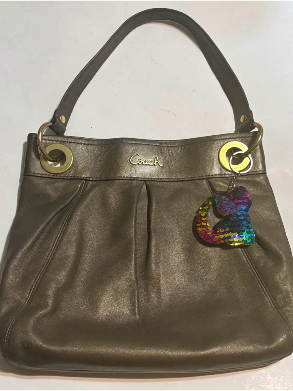 Coach Olive Leather Shoulder Bag with Gold Hardware